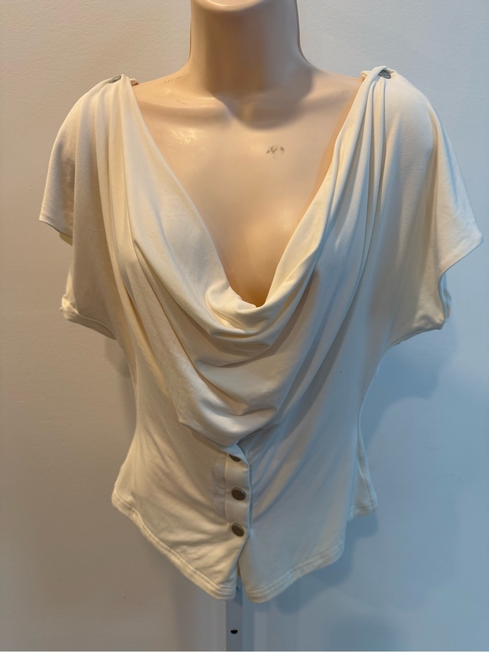 With Jean Cream Draped Cowl Neck Button Front Top Short Sleeve Size M